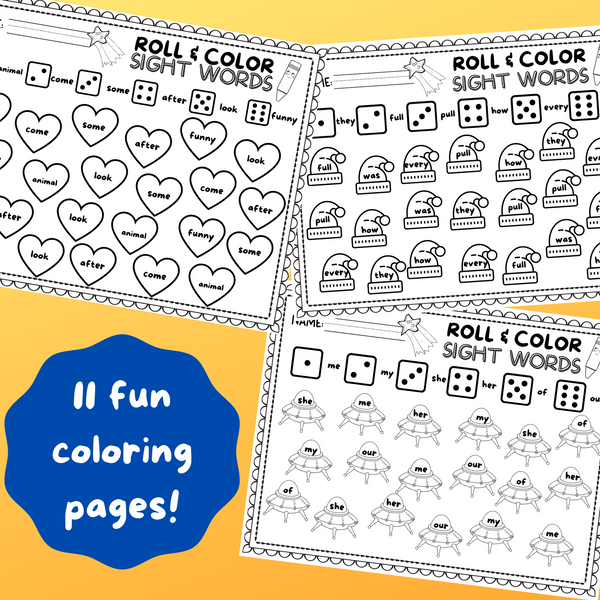 10 Roll & Color Sight Word Worksheets!