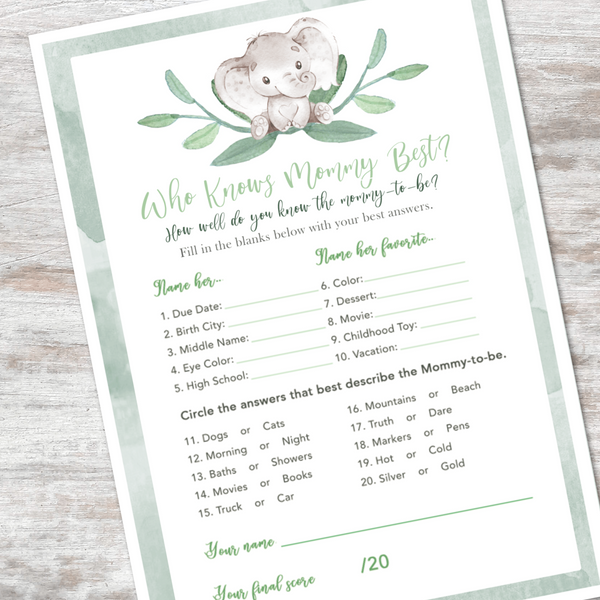 Elephant Gender Neutral Baby Shower Games